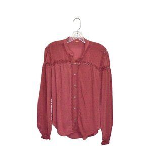 Free People Every Day Every Girl Swiss Dot Long Sleeve Top Button Down Blouse
